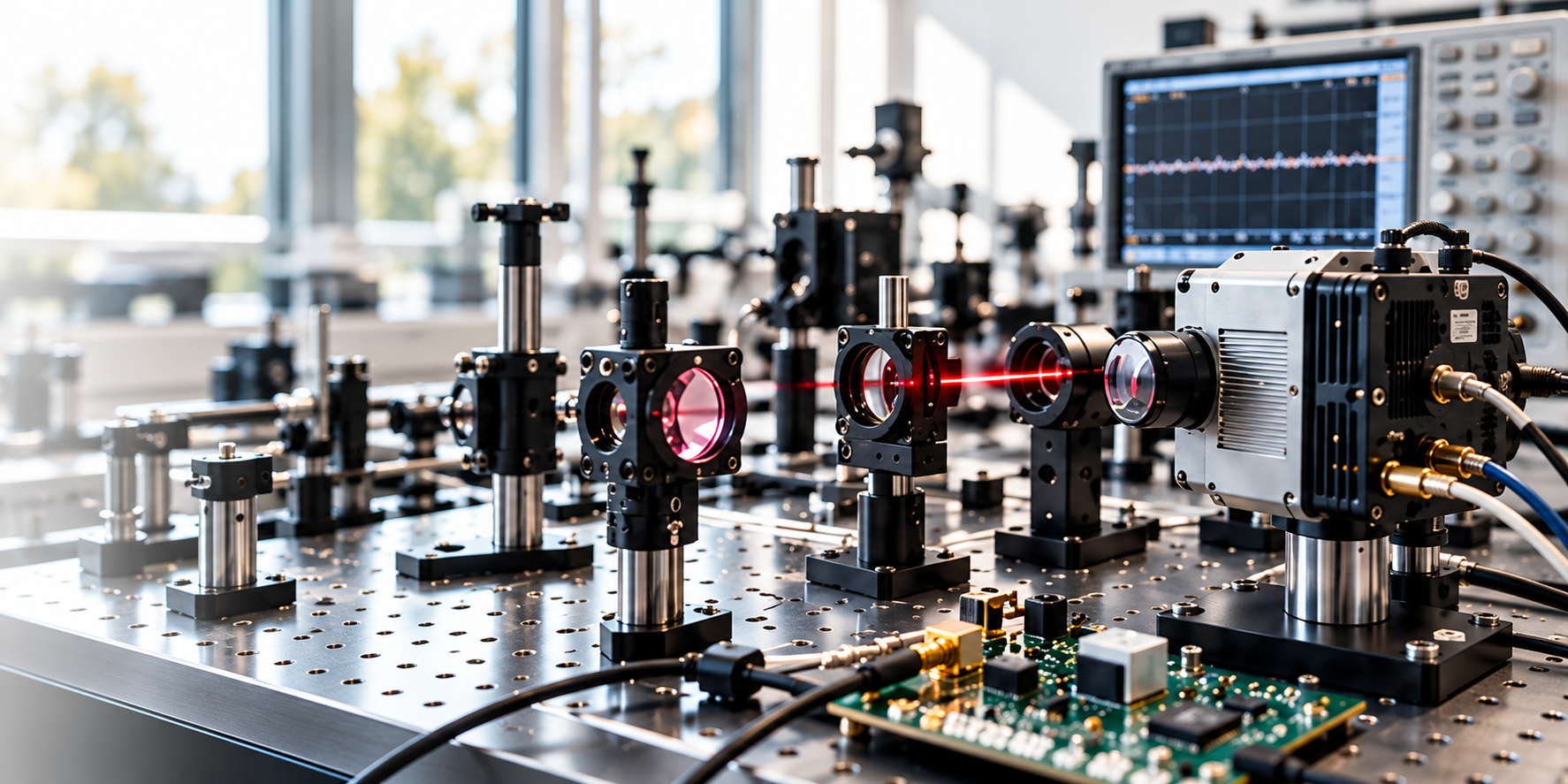 Precision optics and electronics on a laboratory bench
