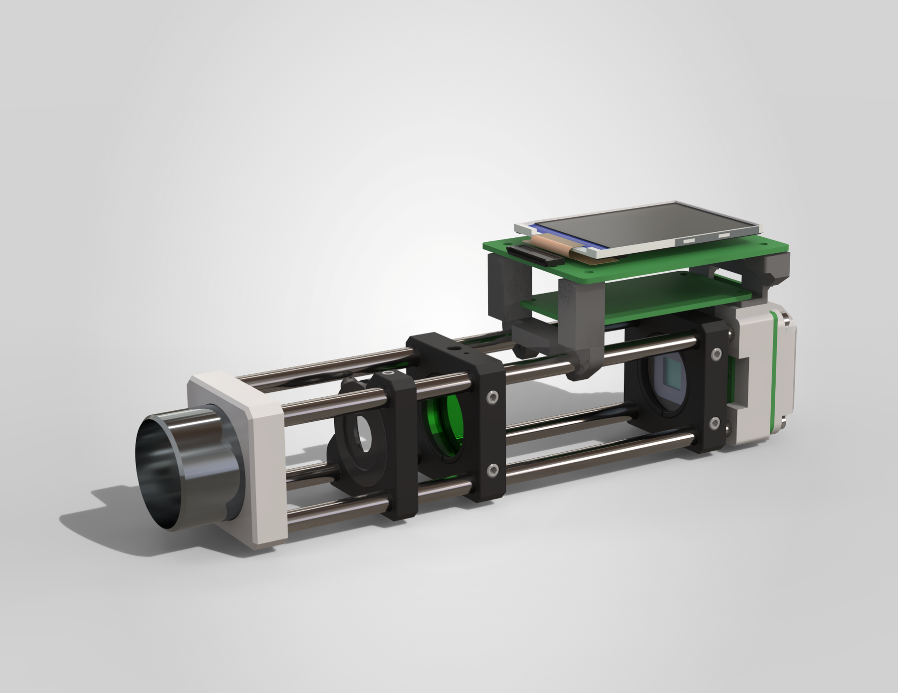 Photorealistic engineering render of the OL-SH16P optical wavefront sensor mechanical and optical assembly